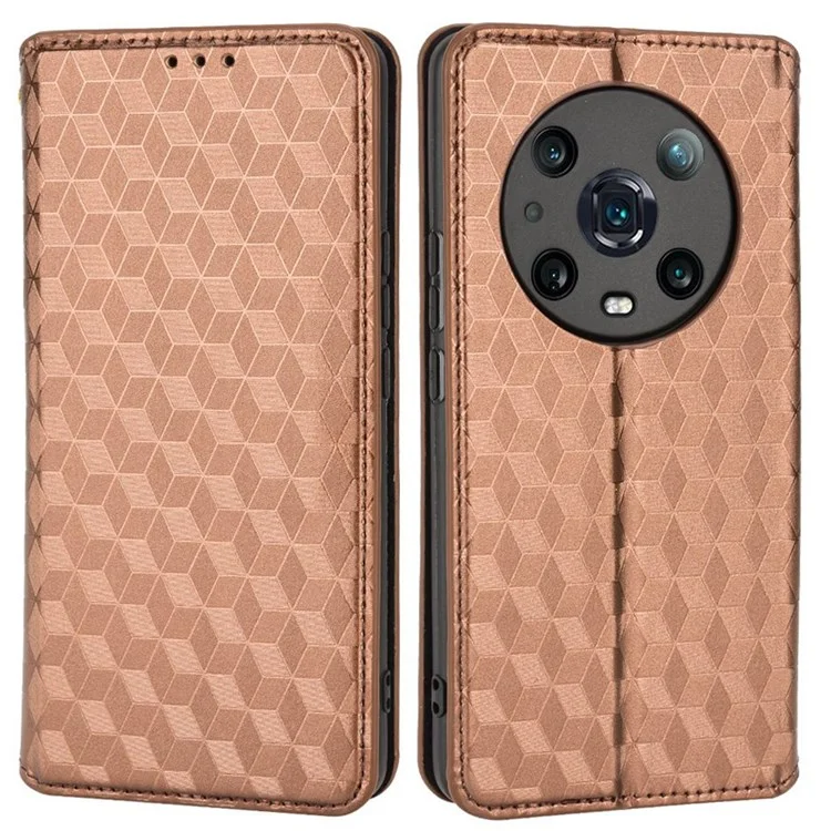 Per Honor Magic4 Pro 5G Exprinted Rhombus Pattern Telefono Copertura PU Leather Design Magnetic Design Wallet Case - Marrone