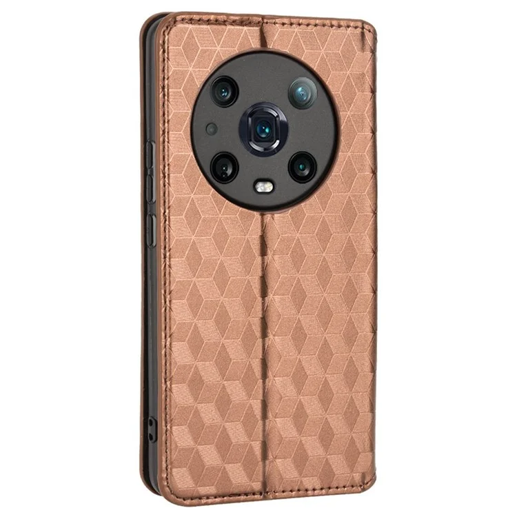 Per Honor Magic4 Pro 5G Exprinted Rhombus Pattern Telefono Copertura PU Leather Design Magnetic Design Wallet Case - Marrone
