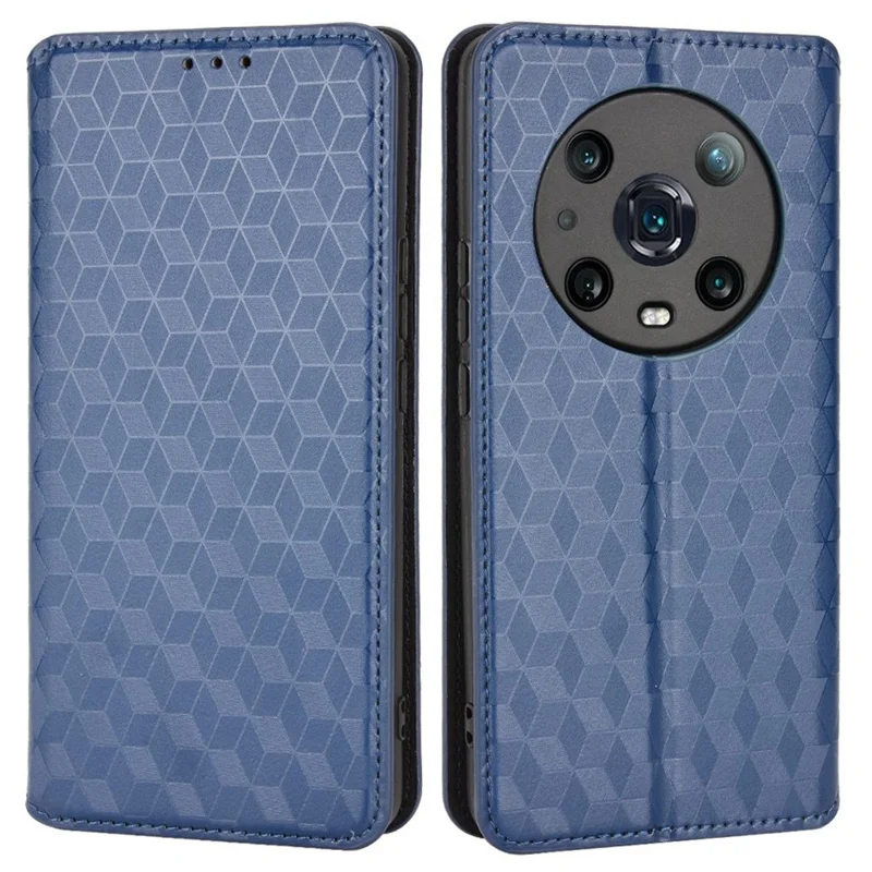 Für Honor Magic4 Pro 5G Gedruckte Rhombus -muster Telefonabdeckung PU Leder Magnetic Design Stand Wallet Hülle - Blau