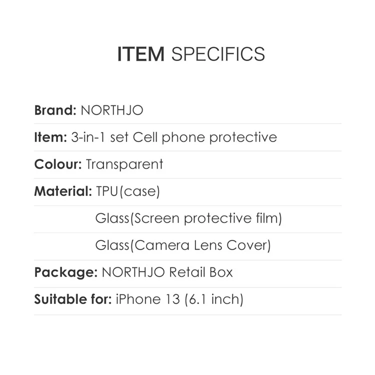 NORTHJO Para iPhone 13 6.1 pulgadas Funda de teléfono móvil de alta transmitancia con protector de pantalla de vidrio templado y cubierta de lente de cámara trasera