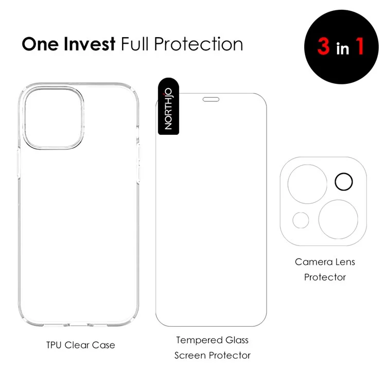 NORTHJO For iPhone 13 mini 5.4 inch Crystal Clear TPU Phone Case + Tempered Glass Screen Protector Back Camera Lens Protector