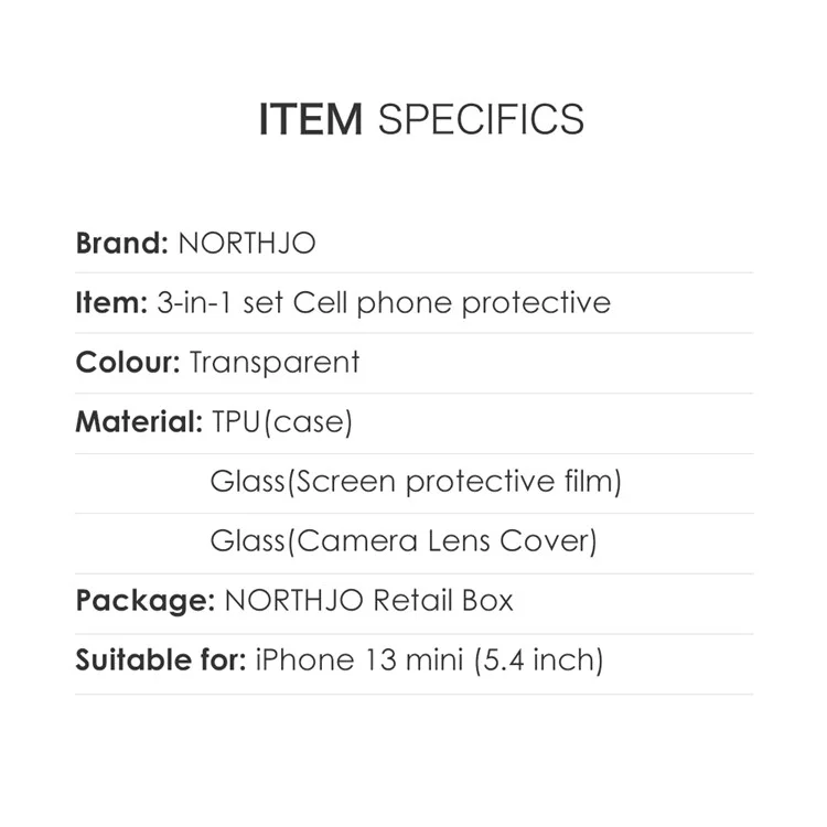 NORTHJO For iPhone 13 mini 5.4 inch Crystal Clear TPU Phone Case + Tempered Glass Screen Protector Back Camera Lens Protector