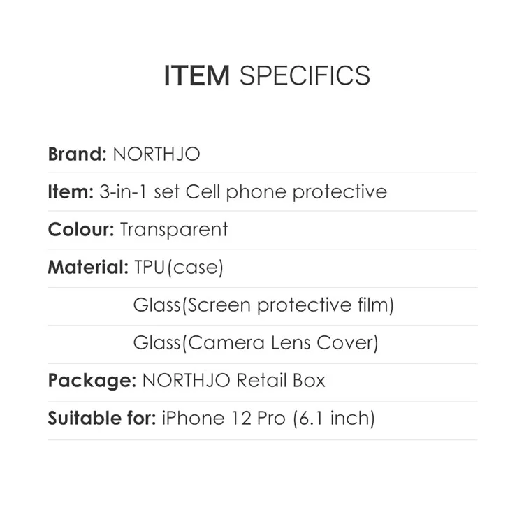 NORTHJO For iPhone 12 Pro 6.1 inch Tempered Glass Screen Protector Back Camera Lens Cover Soft TPU Phone Case