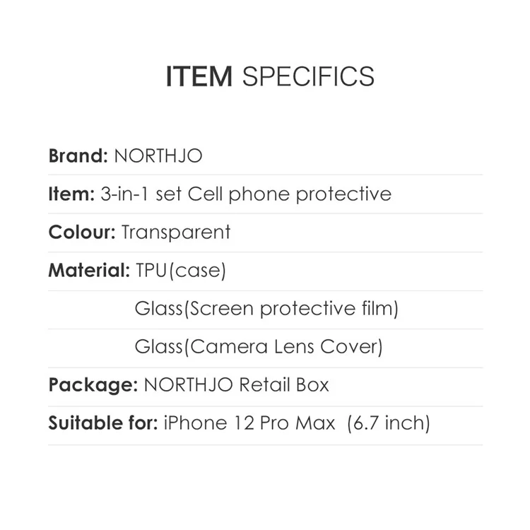 Northjo Для Iphone 12 Pro Max 6,7 Дюйма Ультра -тонкий Кристально Прозрачный Корпус Телефона с Защитником из Закаленного Стеклянного Экрана и Крышки Объектива Задней Камеры