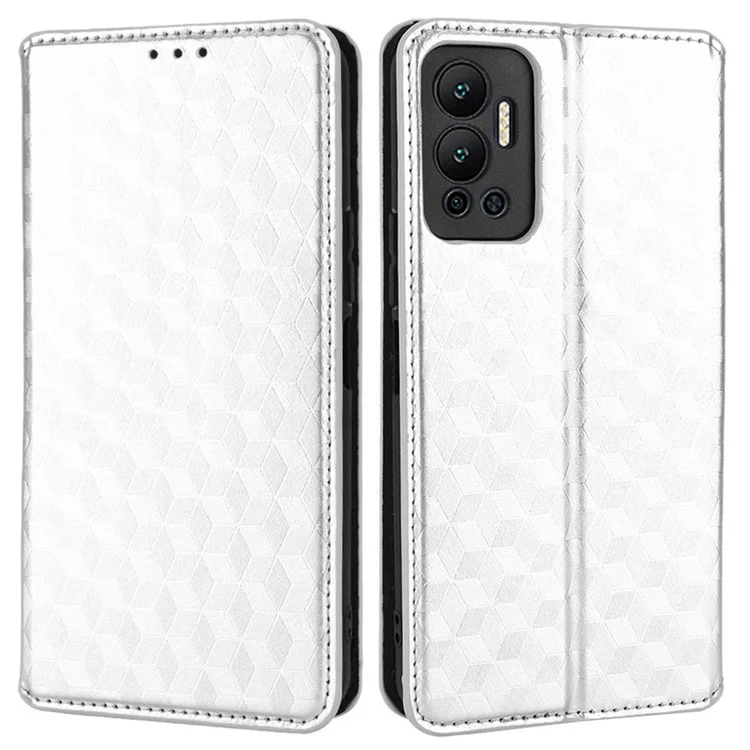 Para Infinix Hot 12 4G X6817 PU Flip Flip Billet Function Soport Function Imprimido Rombus Patrón de Cierre Magnético de Cierre Automotriz Cubierta de Cierre Automático - Plata