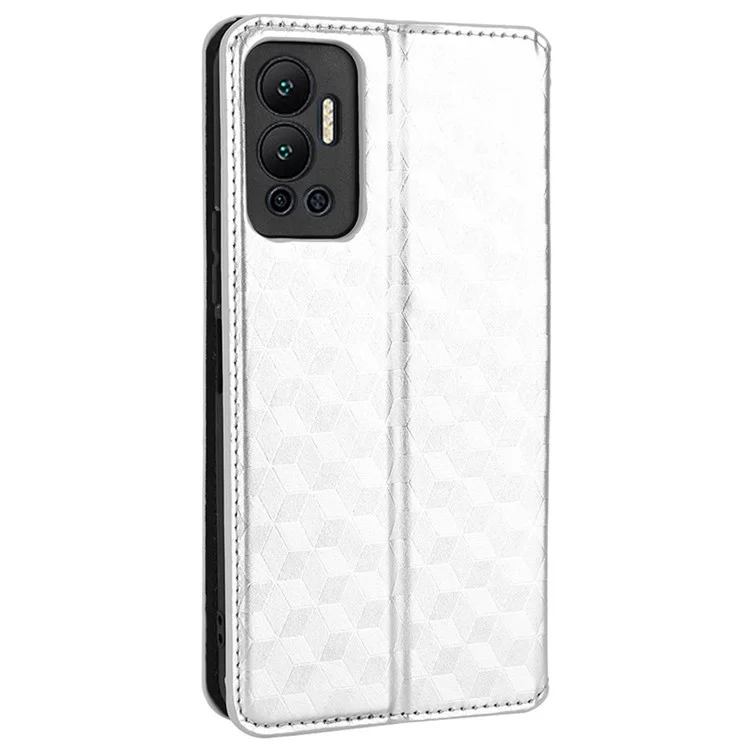 Para Infinix Hot 12 4G X6817 PU Flip Flip Billet Function Soport Function Imprimido Rombus Patrón de Cierre Magnético de Cierre Automotriz Cubierta de Cierre Automático - Plata
