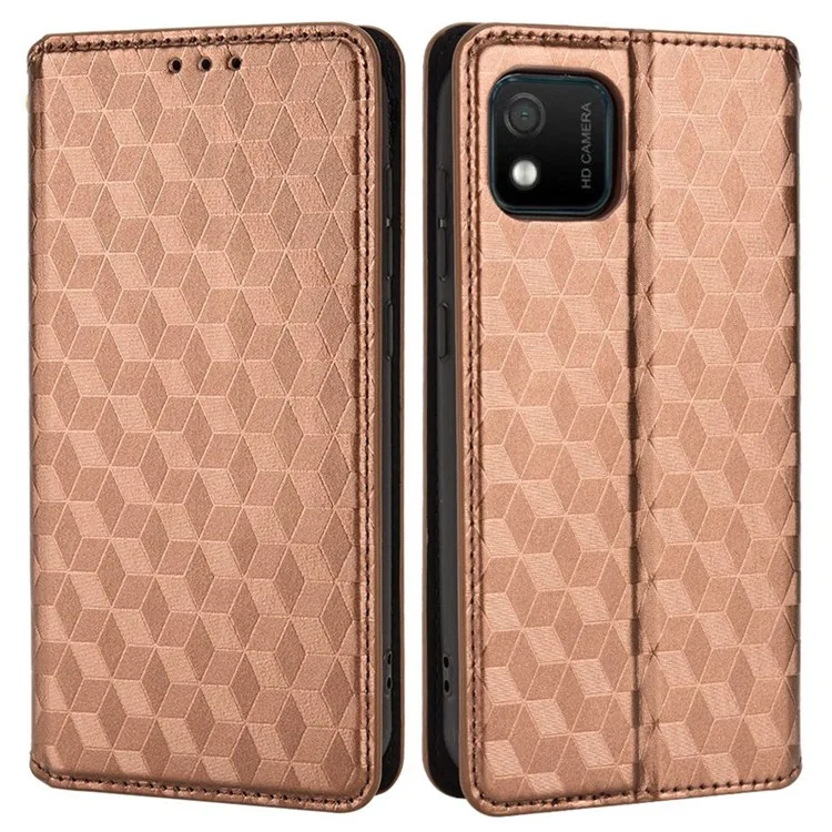 For Wiko Y52 Wallet Phone Case Imprinted Rhombus Pattern Magnetic Auto-absorbed PU Leather Book Stand Cover - Brown