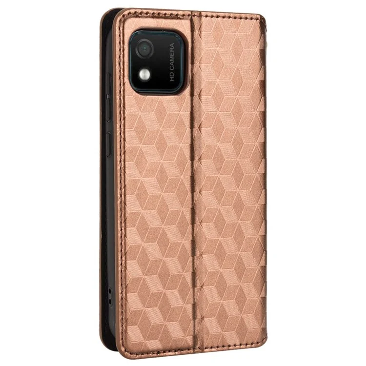 For Wiko Y52 Wallet Phone Case Imprinted Rhombus Pattern Magnetic Auto-absorbed PU Leather Book Stand Cover - Brown