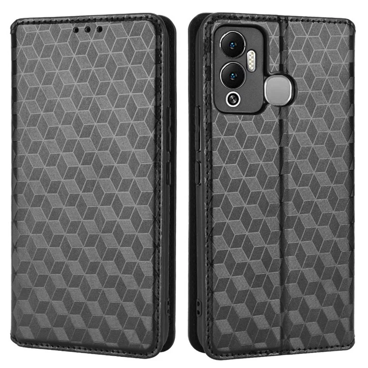 Para Infinix Hot 12 Play 4G X6816C/Hot 12 Play NFC 4G PU Catalle de Catura Catura de Rhombus Padrão Impresso Absorção Magnética Flip Folio Stand Stand Cover - Preto