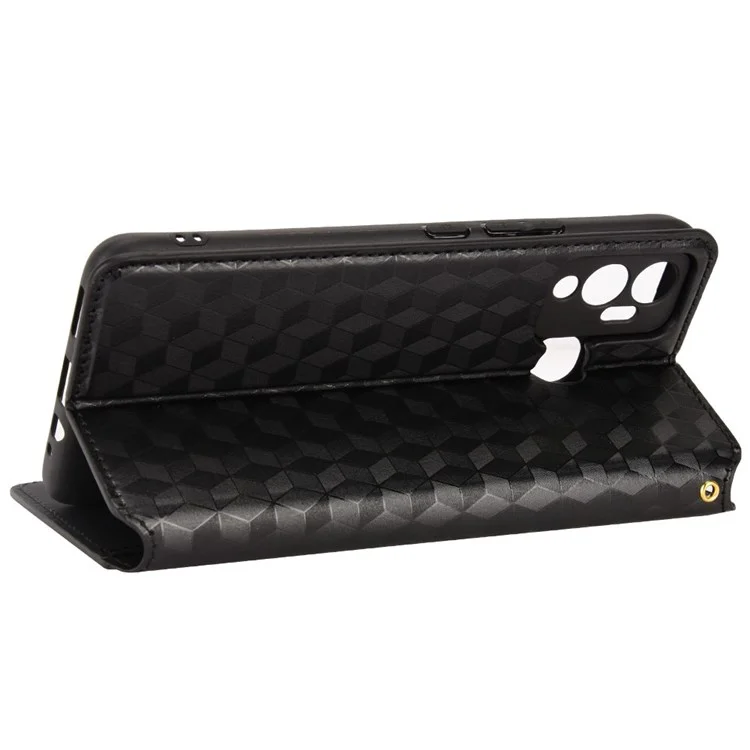 Para Infinix Hot 12 Play 4G X6816C/Hot 12 Play NFC 4G PU Catalle de Catura Catura de Rhombus Padrão Impresso Absorção Magnética Flip Folio Stand Stand Cover - Preto