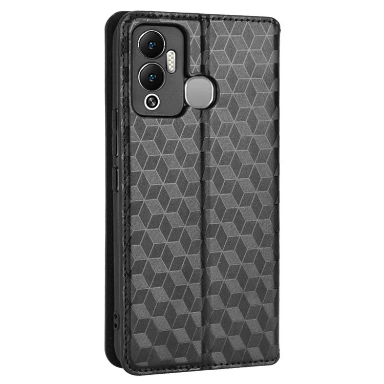 Para Infinix Hot 12 Play 4G X6816C/Hot 12 Play NFC 4G PU Catalle de Catura Catura de Rhombus Padrão Impresso Absorção Magnética Flip Folio Stand Stand Cover - Preto