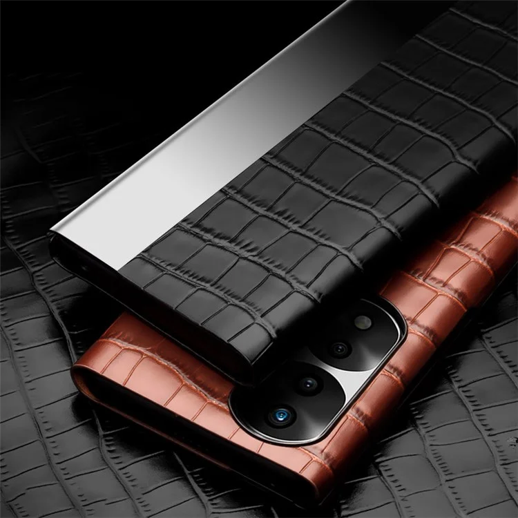 QIALINO Para Honor 70 Pro 5G Capa de Telefone, Janela de Visualização Textura de Crocodilo Couro Genuíno Capa Flip Completa Automática de Despertar/Dormir - Preto