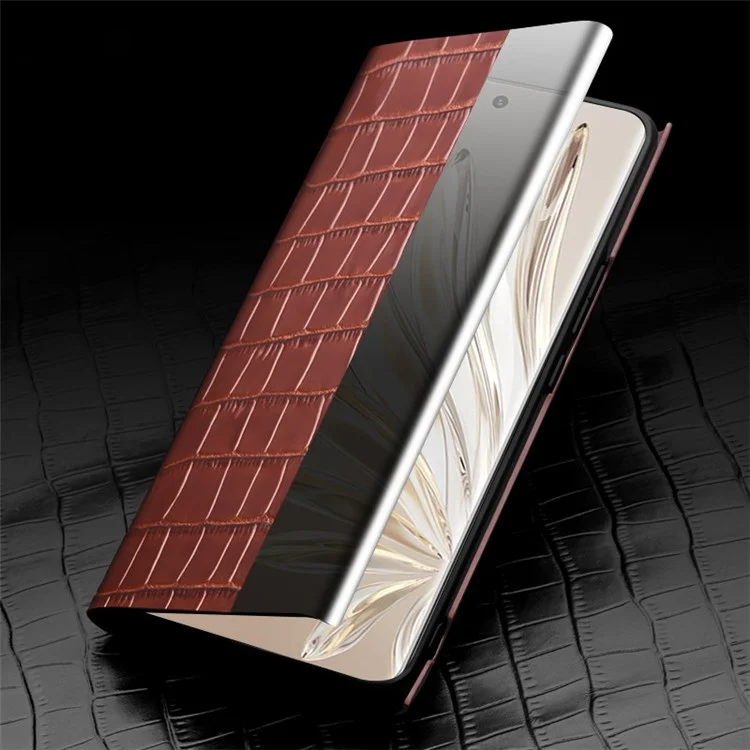 QIALINO Para Honor 70 Pro 5G Capa de Telefone, Janela de Visualização Textura de Crocodilo Couro Genuíno Capa Flip Completa Automática de Despertar/Dormir - Preto
