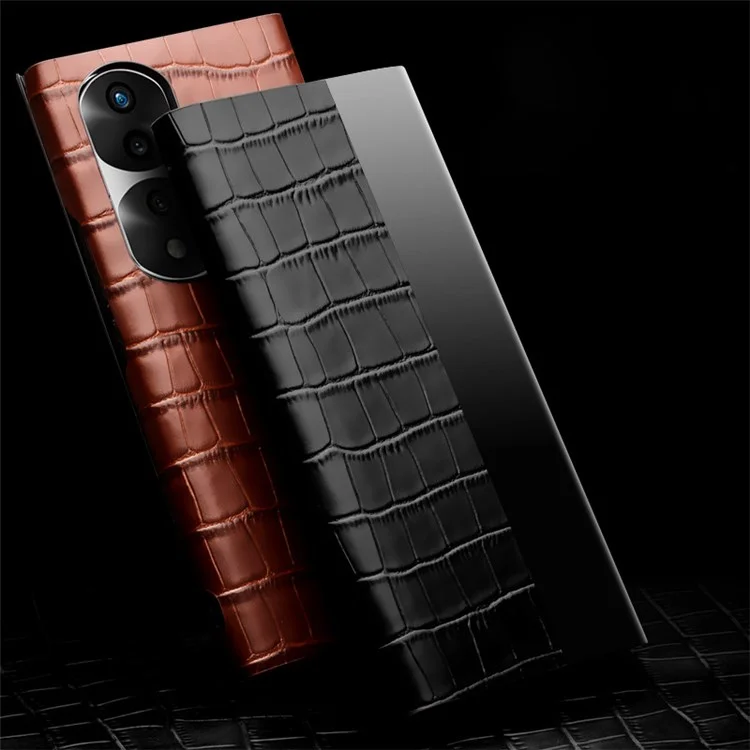 QIALINO Para Honor 70 Pro 5G Capa de Telefone, Janela de Visualização Textura de Crocodilo Couro Genuíno Capa Flip Completa Automática de Despertar/Dormir - Preto