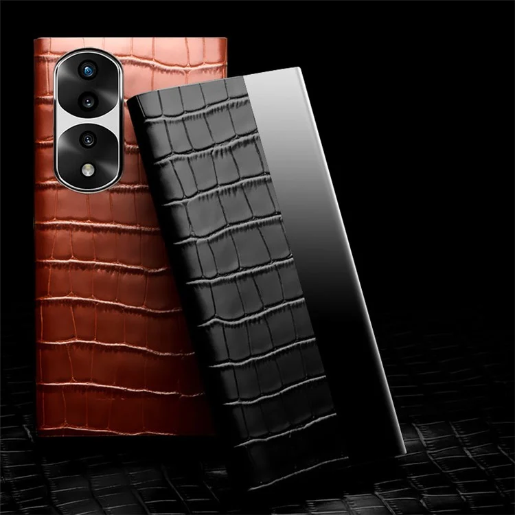 QIALINO Para Honor 70 Pro 5G Capa de Telefone, Janela de Visualização Textura de Crocodilo Couro Genuíno Capa Flip Completa Automática de Despertar/Dormir - Preto