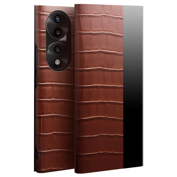 Qialino For Honor 70 5G Tampa do Telefone Bem Protegida, Visualize a Janela Crocodilo Textura Genuíno Couro Folio Flip Alunha/sleep Case - Castanho