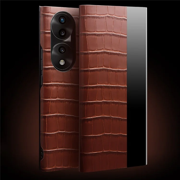 Qialino For Honor 70 5G Tampa do Telefone Bem Protegida, Visualize a Janela Crocodilo Textura Genuíno Couro Folio Flip Alunha/sleep Case - Castanho