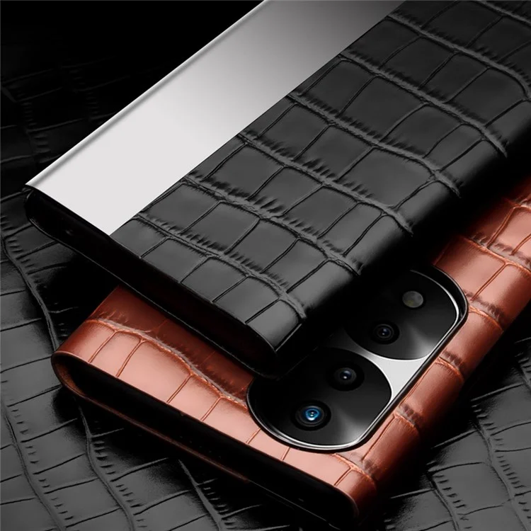 Qialino For Honor 70 5G Tampa do Telefone Bem Protegida, Visualize a Janela Crocodilo Textura Genuíno Couro Folio Flip Alunha/sleep Case - Castanho