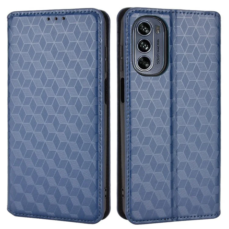 Para Motorola Moto G62 5G Patrón de Rombo Impreso Case de Cuero PU Auto Magnético Mundial Cerrar Billetera Soft Tpu Book Cover Cover - Azul