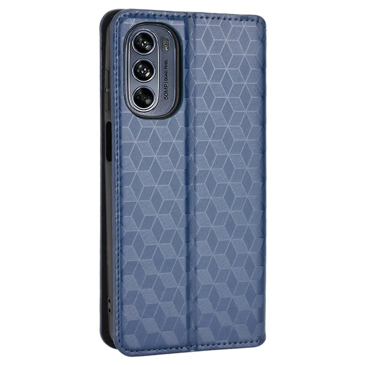 Para Motorola Moto G62 5G Patrón de Rombo Impreso Case de Cuero PU Auto Magnético Mundial Cerrar Billetera Soft Tpu Book Cover Cover - Azul