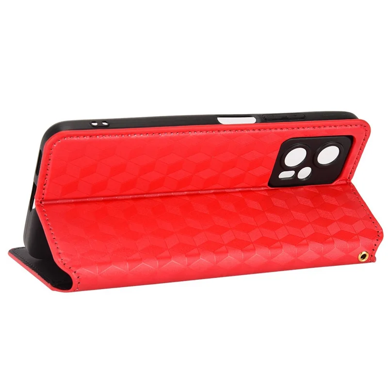 For Xiaomi Redmi Note 11T Pro 5G / Note 11T Pro+ 5G / Note 12T Pro 5G / Poco X4 GT 5G / Redmi K50i 5G Cell Phone Case PU Leather+TPU Imprinted Rhombus Pattern Wallet Phone Covering Shell - Red