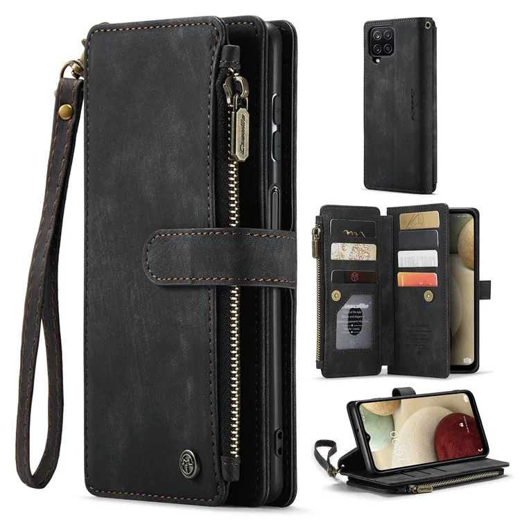 Serie Caseme C30 Para Samsung Galaxy A12/A12 (India) Billetera de Bolsillo de la Cremallera Del Teléfono Con Múltiples Ranuras Para Tarjetas Cerrar Automáticamente la Cubierta Del Teléfono de Cuero Magnetic PU - Negro