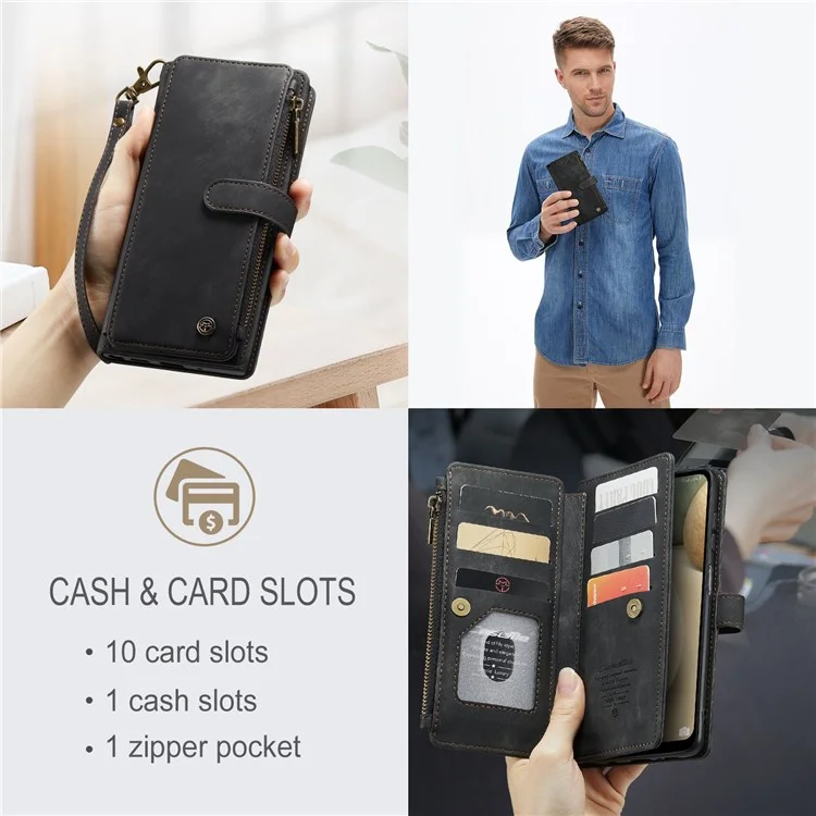 Serie Caseme C30 Para Samsung Galaxy A12/A12 (India) Billetera de Bolsillo de la Cremallera Del Teléfono Con Múltiples Ranuras Para Tarjetas Cerrar Automáticamente la Cubierta Del Teléfono de Cuero Magnetic PU - Negro