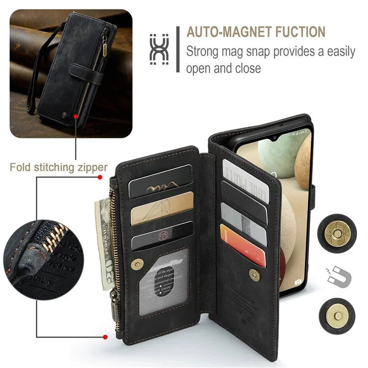 Serie Caseme C30 Para Samsung Galaxy A12/A12 (India) Billetera de Bolsillo de la Cremallera Del Teléfono Con Múltiples Ranuras Para Tarjetas Cerrar Automáticamente la Cubierta Del Teléfono de Cuero Magnetic PU - Negro