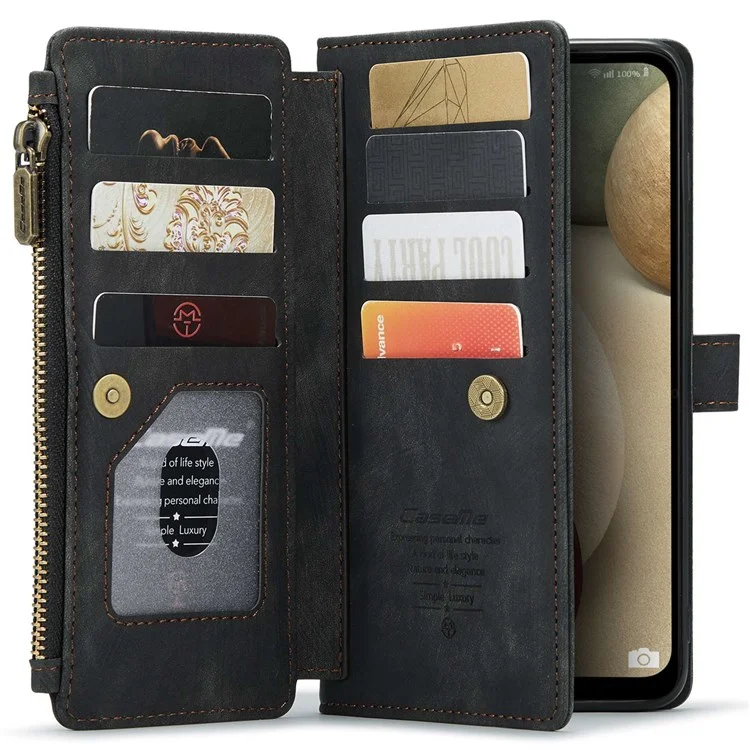 Serie Caseme C30 Para Samsung Galaxy A12/A12 (India) Billetera de Bolsillo de la Cremallera Del Teléfono Con Múltiples Ranuras Para Tarjetas Cerrar Automáticamente la Cubierta Del Teléfono de Cuero Magnetic PU - Negro