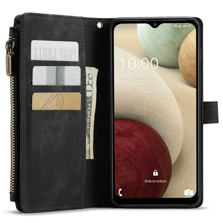 Serie Caseme C30 Para Samsung Galaxy A12/A12 (India) Billetera de Bolsillo de la Cremallera Del Teléfono Con Múltiples Ranuras Para Tarjetas Cerrar Automáticamente la Cubierta Del Teléfono de Cuero Magnetic PU - Negro