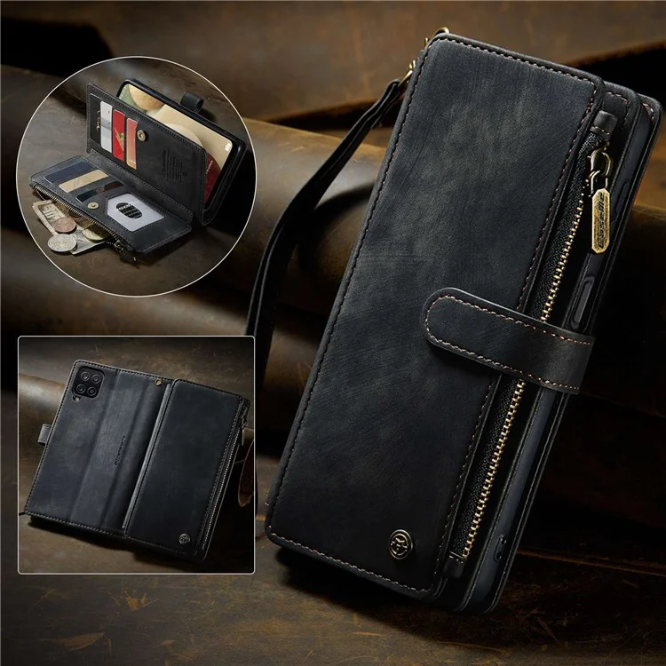 Serie Caseme C30 Para Samsung Galaxy A12/A12 (India) Billetera de Bolsillo de la Cremallera Del Teléfono Con Múltiples Ranuras Para Tarjetas Cerrar Automáticamente la Cubierta Del Teléfono de Cuero Magnetic PU - Negro