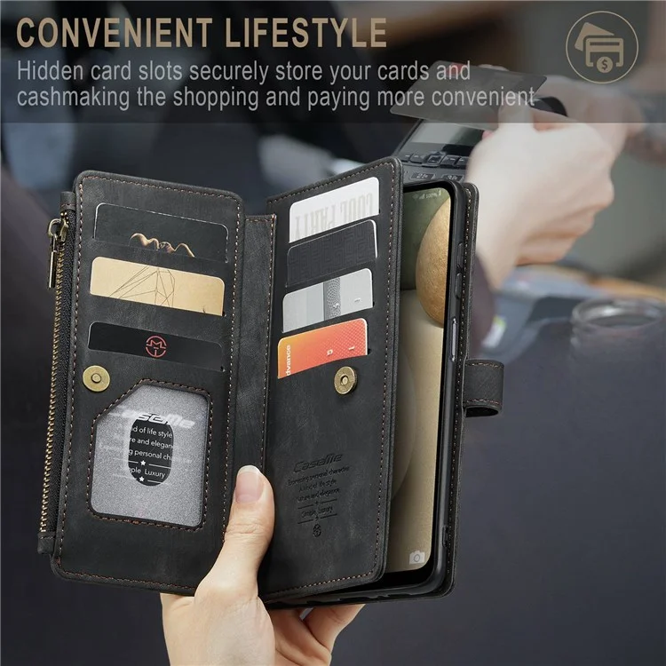 Serie Caseme C30 Para Samsung Galaxy A12/A12 (India) Billetera de Bolsillo de la Cremallera Del Teléfono Con Múltiples Ranuras Para Tarjetas Cerrar Automáticamente la Cubierta Del Teléfono de Cuero Magnetic PU - Negro