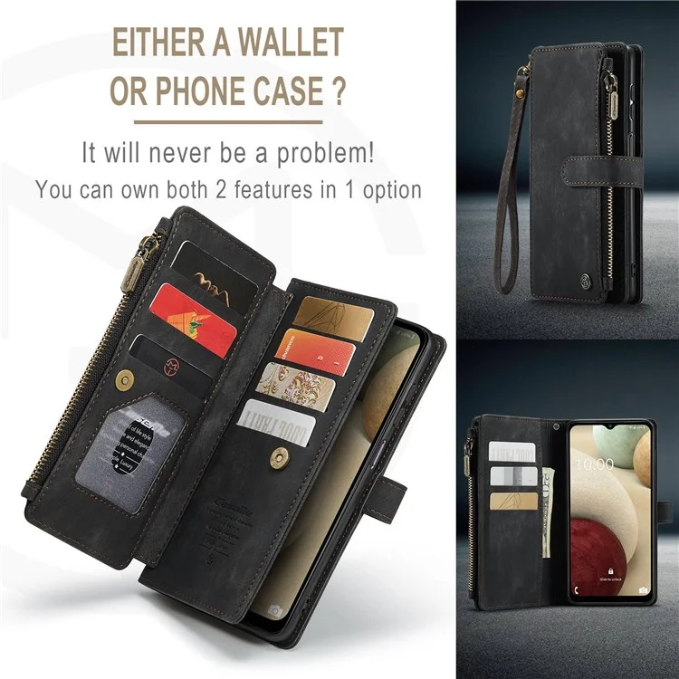 Serie Caseme C30 Para Samsung Galaxy A12/A12 (India) Billetera de Bolsillo de la Cremallera Del Teléfono Con Múltiples Ranuras Para Tarjetas Cerrar Automáticamente la Cubierta Del Teléfono de Cuero Magnetic PU - Negro