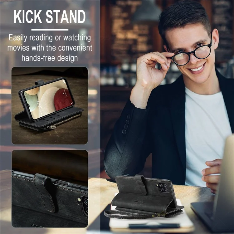 Serie Caseme C30 Para Samsung Galaxy A12/A12 (India) Billetera de Bolsillo de la Cremallera Del Teléfono Con Múltiples Ranuras Para Tarjetas Cerrar Automáticamente la Cubierta Del Teléfono de Cuero Magnetic PU - Negro