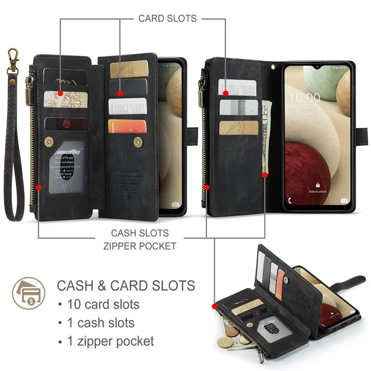 Serie Caseme C30 Para Samsung Galaxy A12/A12 (India) Billetera de Bolsillo de la Cremallera Del Teléfono Con Múltiples Ranuras Para Tarjetas Cerrar Automáticamente la Cubierta Del Teléfono de Cuero Magnetic PU - Negro