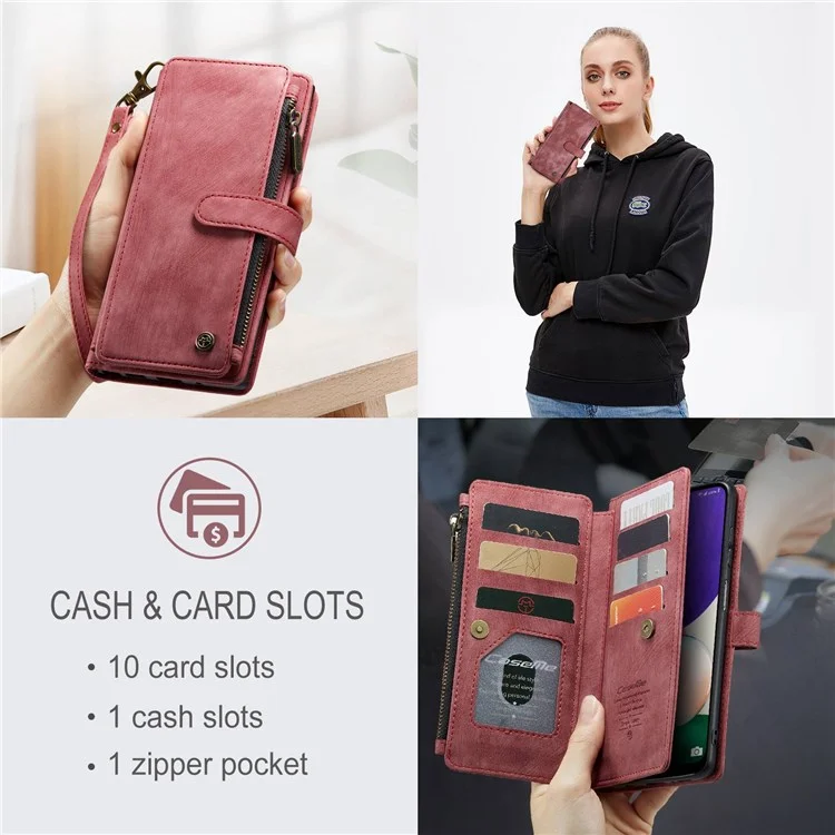 CASEME C30 Series para Samsung Galaxy A22 5G (versão UE) Zipper Pocket Wallet Case Auto Closing Magnetic Anti-scratch PU Leather Phone Cover Card Holder - Vermelho