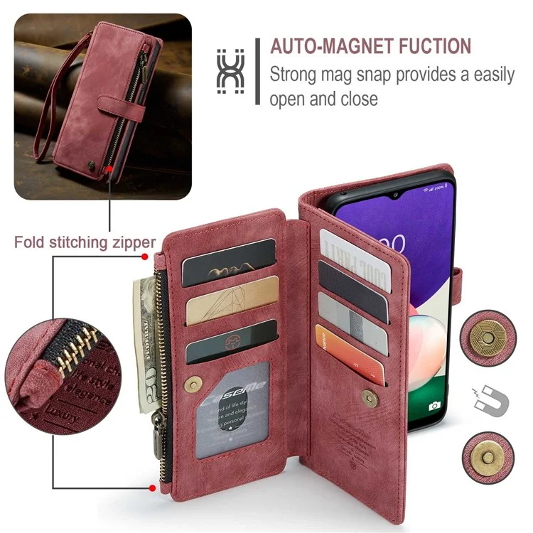 CASEME C30 Series para Samsung Galaxy A22 5G (versão UE) Zipper Pocket Wallet Case Auto Closing Magnetic Anti-scratch PU Leather Phone Cover Card Holder - Vermelho