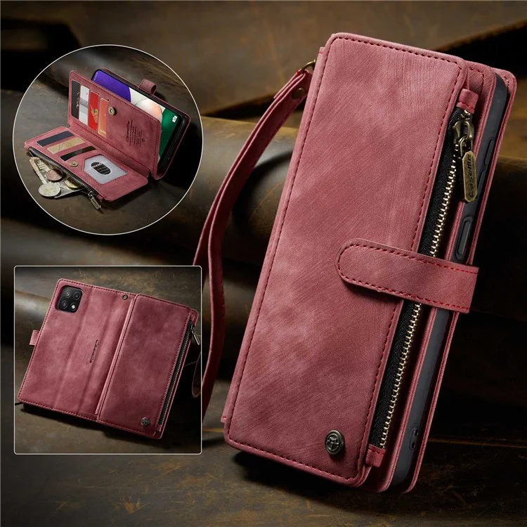 CASEME C30 Series para Samsung Galaxy A22 5G (versão UE) Zipper Pocket Wallet Case Auto Closing Magnetic Anti-scratch PU Leather Phone Cover Card Holder - Vermelho