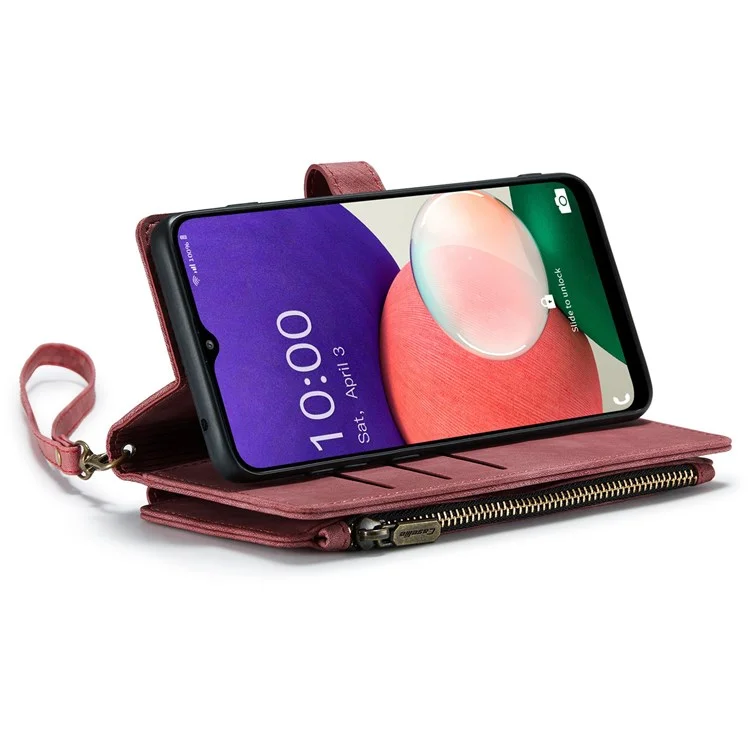 CASEME C30 Series para Samsung Galaxy A22 5G (versão UE) Zipper Pocket Wallet Case Auto Closing Magnetic Anti-scratch PU Leather Phone Cover Card Holder - Vermelho