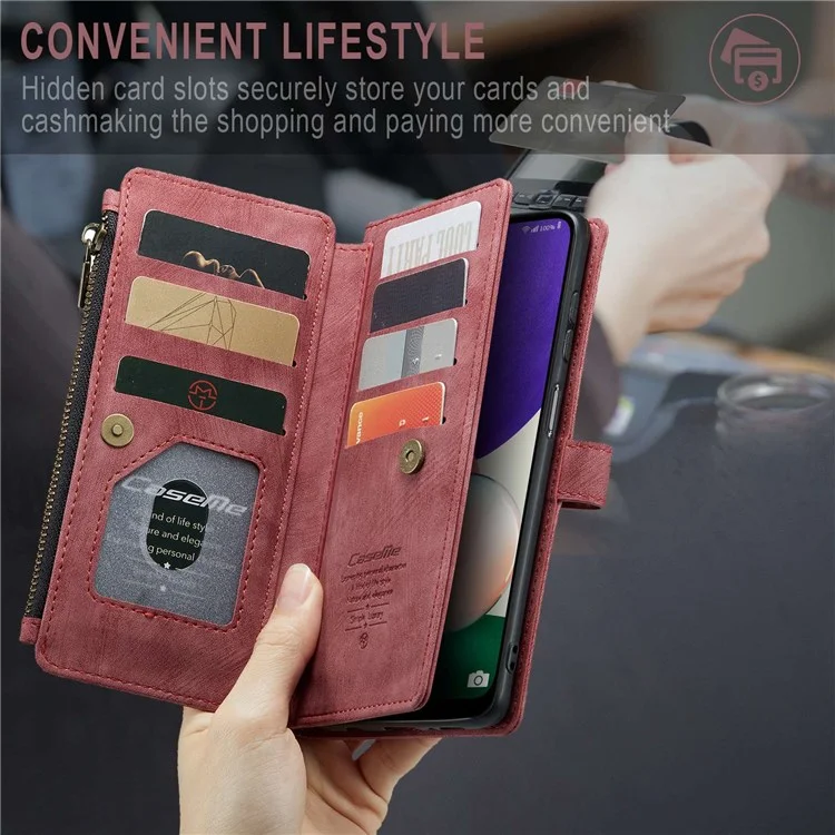 CASEME C30 Series para Samsung Galaxy A22 5G (versão UE) Zipper Pocket Wallet Case Auto Closing Magnetic Anti-scratch PU Leather Phone Cover Card Holder - Vermelho