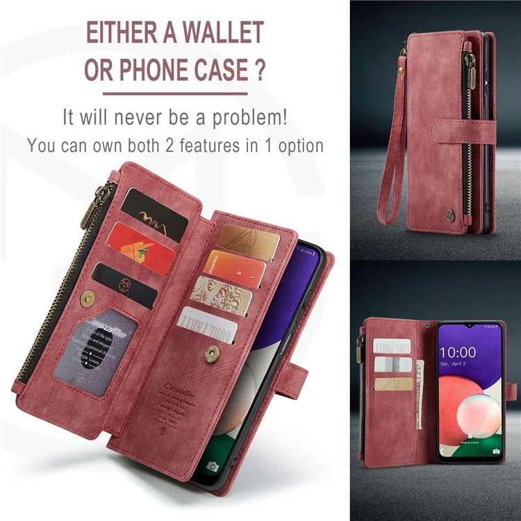 CASEME C30 Series para Samsung Galaxy A22 5G (versão UE) Zipper Pocket Wallet Case Auto Closing Magnetic Anti-scratch PU Leather Phone Cover Card Holder - Vermelho