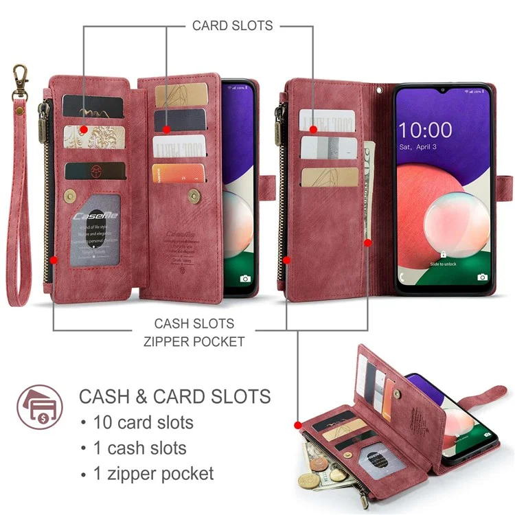 CASEME C30 Series para Samsung Galaxy A22 5G (versão UE) Zipper Pocket Wallet Case Auto Closing Magnetic Anti-scratch PU Leather Phone Cover Card Holder - Vermelho