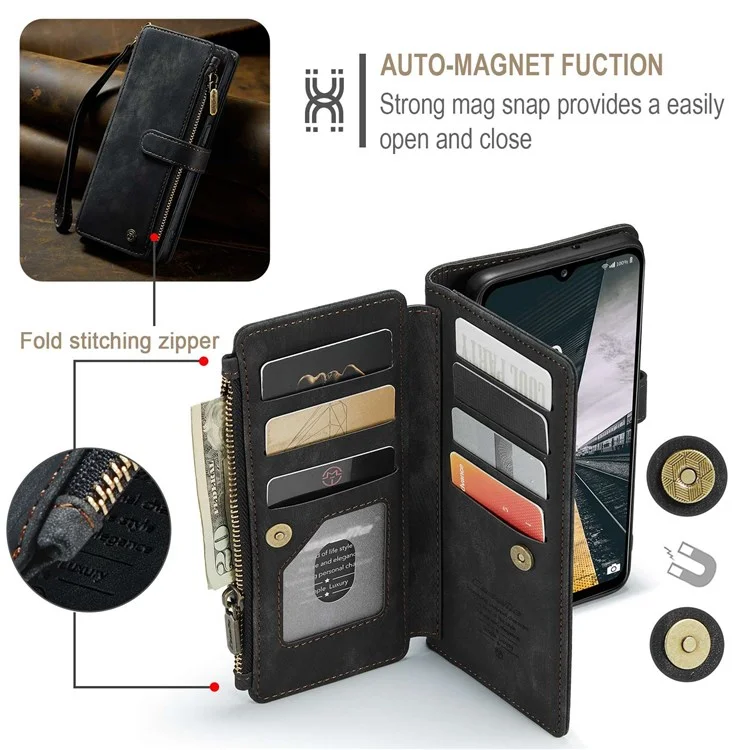 For Samsung Galaxy A13 4G / 5G / A04s 4G (164.7mm) Phone Cases with Strap CASEME C30 Zipper Multiple Card Holder PU Leather Cover - Black