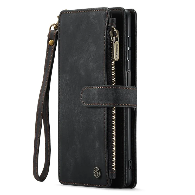 For Samsung Galaxy A13 4G / 5G / A04s 4G (164.7mm) Phone Cases with Strap CASEME C30 Zipper Multiple Card Holder PU Leather Cover - Black