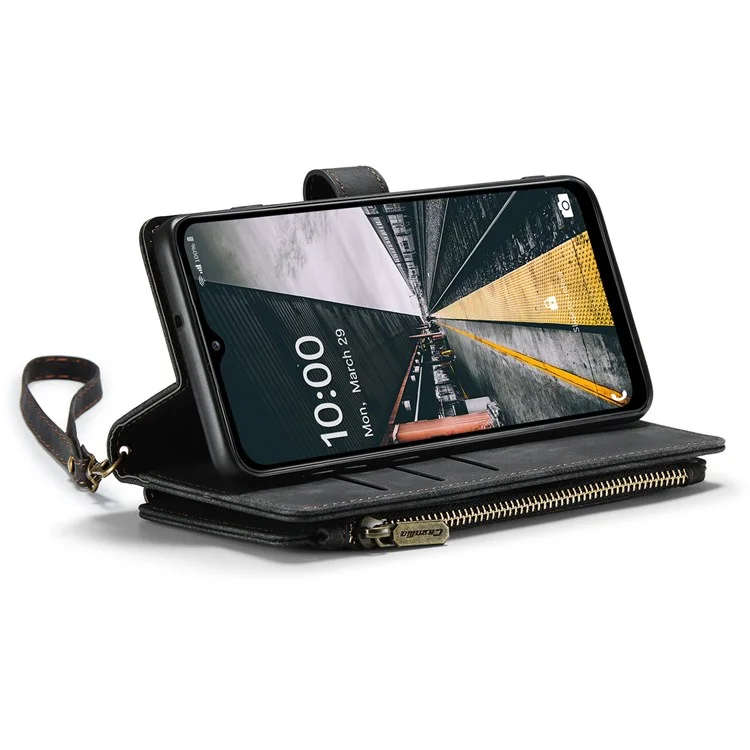 For Samsung Galaxy A13 4G / 5G / A04s 4G (164.7mm) Phone Cases with Strap CASEME C30 Zipper Multiple Card Holder PU Leather Cover - Black