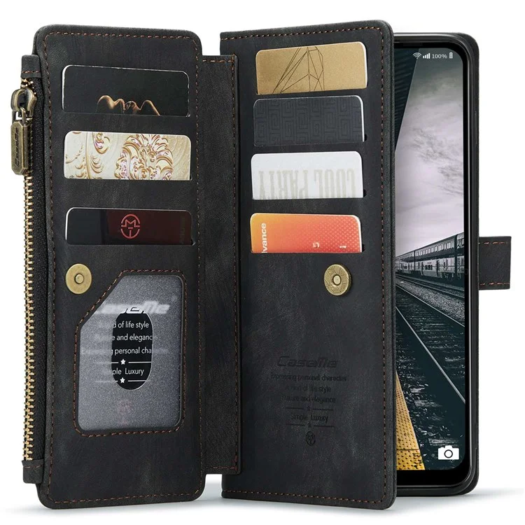 For Samsung Galaxy A13 4G / 5G / A04s 4G (164.7mm) Phone Cases with Strap CASEME C30 Zipper Multiple Card Holder PU Leather Cover - Black