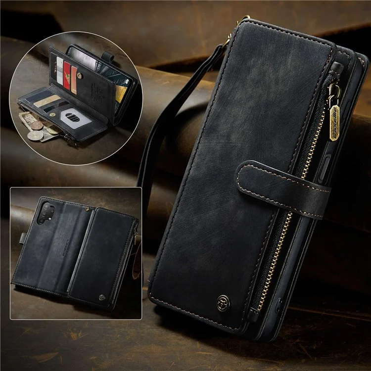 For Samsung Galaxy A13 4G / 5G / A04s 4G (164.7mm) Phone Cases with Strap CASEME C30 Zipper Multiple Card Holder PU Leather Cover - Black