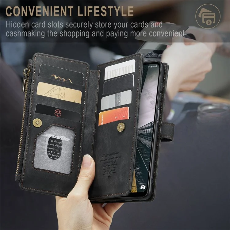 For Samsung Galaxy A13 4G / 5G / A04s 4G (164.7mm) Phone Cases with Strap CASEME C30 Zipper Multiple Card Holder PU Leather Cover - Black