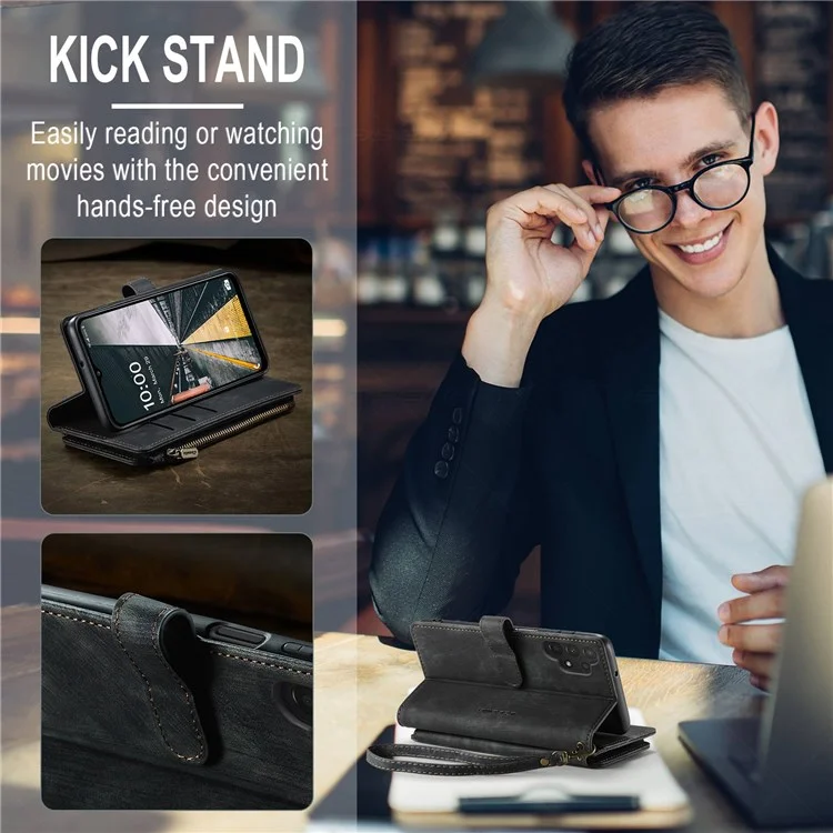 For Samsung Galaxy A13 4G / 5G / A04s 4G (164.7mm) Phone Cases with Strap CASEME C30 Zipper Multiple Card Holder PU Leather Cover - Black