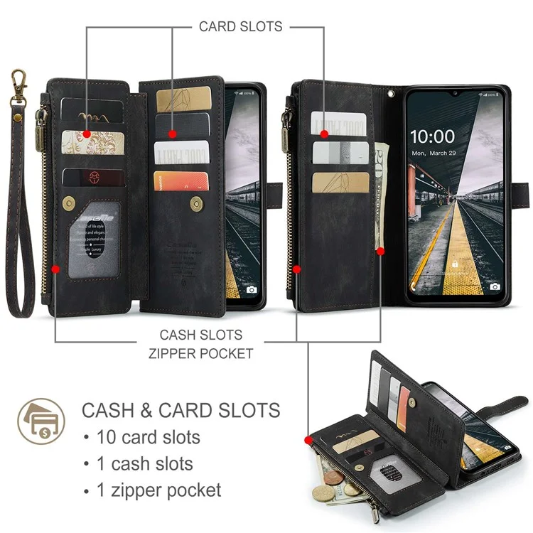 For Samsung Galaxy A13 4G / 5G / A04s 4G (164.7mm) Phone Cases with Strap CASEME C30 Zipper Multiple Card Holder PU Leather Cover - Black